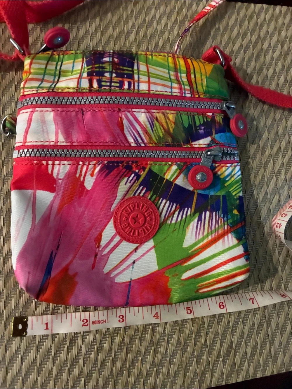 Kipling Bright Multicolor Paint-Stripe Crossbody with Pink Strap